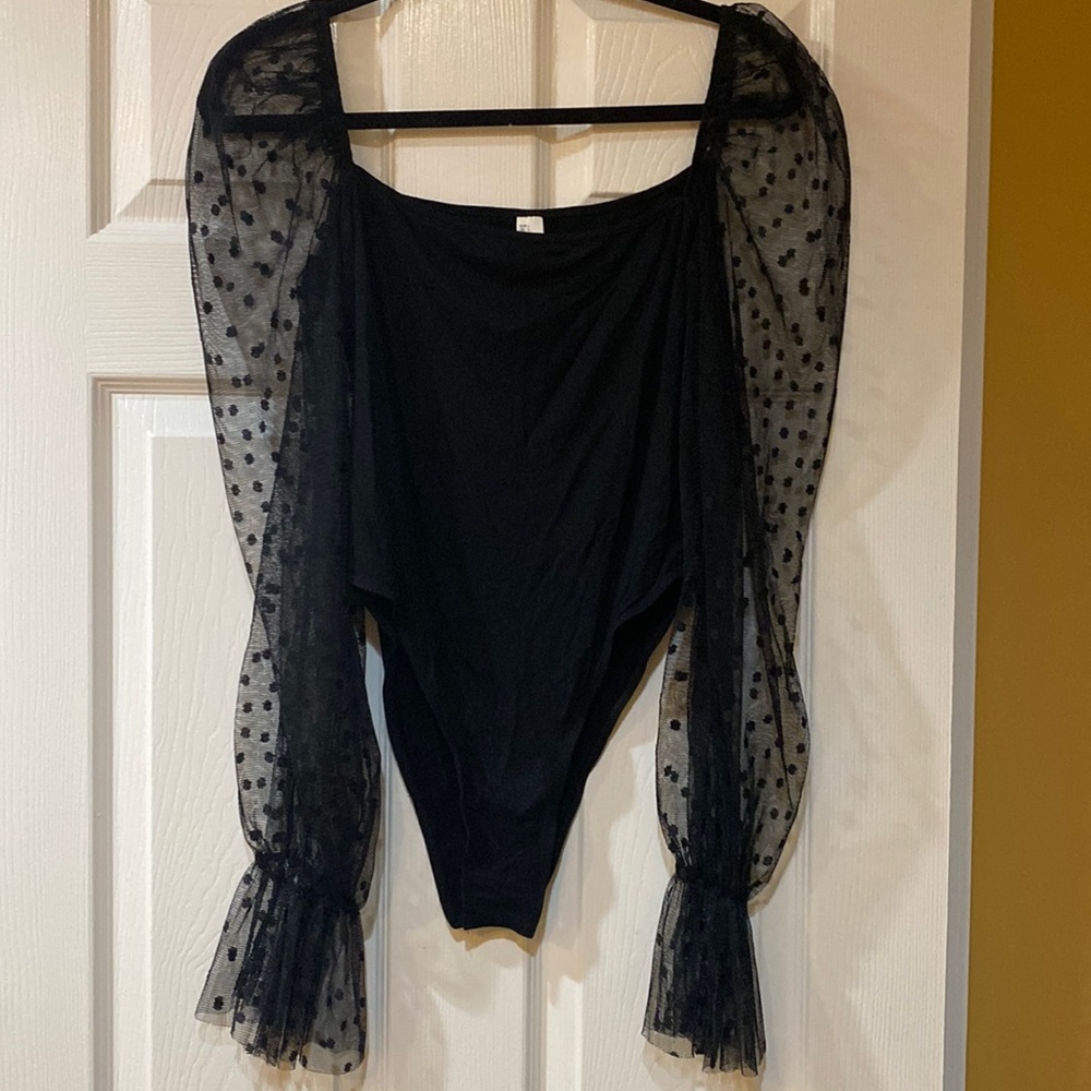 Black bodysuit with mesh polka dot sleeves size large